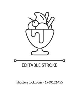 Frozen yogurt linear icon. Sweetened frozen dessert. Parfait. Decoration with various toppings. Thin line customizable illustration. Contour symbol. Vector isolated outline drawing. Editable stroke