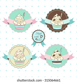 Frozen yogurt logo. Cute hand drawn stickers. Sweet cold desserts vector labels. Excellent to use for company logotype, advertising banners.