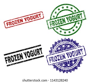 FROZEN YOGURT seal prints with corroded surface. Black, green,red,blue vector rubber prints of FROZEN YOGURT text with corroded texture. Rubber seals with circle, rectangle, medal shapes.