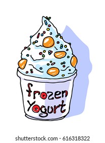 Frozen yogurt in takeaway paper cup. Cartoon vector illustration  on the white background.
