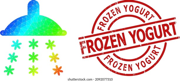 Frozen Yogurt unclean stamp, and lowpoly spectral colored snow shower icon with gradient. Red stamp has FROZEN YOGURT tag inside circle and lines form.