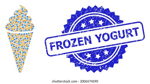 Frozen Yogurt unclean stamp and vector fractal mosaic ice cream. Blue stamp seal contains Frozen Yogurt text inside rosette. Vector mosaic is constructed from repeating rotated ice cream icons.