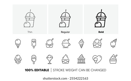 Frozen yogurt, Vanilla sundae, bubble waffle. Ice cream line icons set. Sweet dessert food, milkshake with ice cream, sundae icons. Smoothie drink, frozen coffee, sorbet wafer. Line icons set. Vector