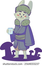 frozing fox using yukata with drink some hot chocolate