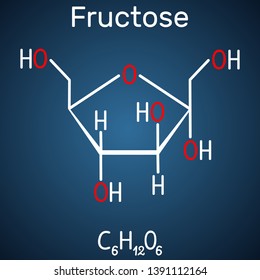 Fructose, alpha-D-fructofuranose molecule. Cyclic form. Structural chemical formula on the dark blue background. Vector illustration