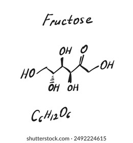 Fructose (D-fructose) fruit sugar molecule formula. Hand drawn imitation of component of high-fructose corn syrup (HFCS), structural model, chemistry skeletal formula, sketchy vector icon