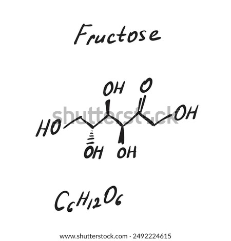 Fructose (D-fructose) fruit sugar molecule formula. Hand drawn imitation of component of high-fructose corn syrup (HFCS), structural model, chemistry skeletal formula, sketchy vector icon
