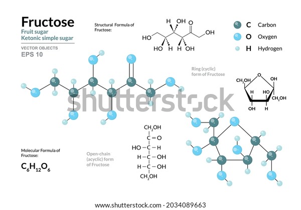 Fructose. Fruit\
Sugar. Ketonic Simple Sugar. Monosaccharide. Cyclic and Open Chain\
Form of Fructose. C6H12O6. Structural Chemical Formula and Molecule\
3d Model. Vector Illustration\
