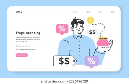 Frugal Konsumentenverhalten Web-Banner oder Landing-Page. Geldsparende Kaufgewohnheit. Man wählt, kauft und nutzt ein neues Produkt oder eine neue Dienstleistung mit Rabatt. Aufbau von Marketingstrategien. Flache Vektorgrafik