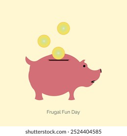 Frugal Fun Day vector, illustration. Piggy bank and coins.