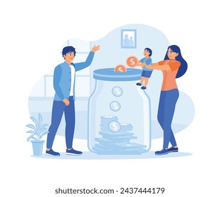  Frugal vector illustration. Both parents teach their children to save and manage their finances. Saving Money concept. Flat vector illustration.