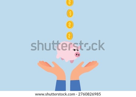 Frugality, coins in dollars fall into hand grasping piggy bank