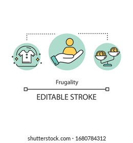 Icono de concepto de la frugalidad. Evitar el sobreconsumo de la idea de la línea delgada. Minimizar los residuos. Recursos de consumo seguros. Pase y compre menos. Dibujo de color RGB con contorno aislado por vectores. Trazo editable
