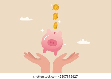 Frugality, savings for prosperity or financial success, building wealth or thrifty, budgeting or cut spending to save money for future concept, money dollar coins drop into hand holding piggy bank.