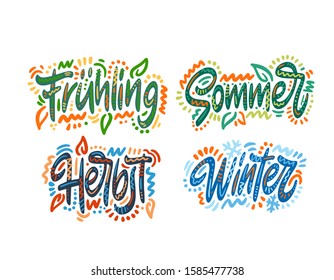 Fruhling Sommer Herbst Winter. Seasons name in German. Hand Lettering word. Handwritten modern brush typography sign. Greetings for icon, logo, badge, cards, poster, banner, tag. Colorful 
