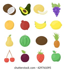 Fruit 16 vector icon set in cartoon style for web design.