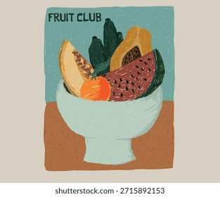 Fruit abstract art design  for t-shirt, poster, sticker and others. Melon, banana, watermelon, papaya and orange wall art. Mix fruit bowl design.