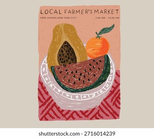 Fruit abstract art design for t-shirt, poster, sticker and others. Watermelon, papaya and orange wall art. Mix fruit bowl design. Local farmer's market fruit.