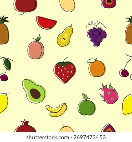 Obst Abstraktes, nahtloses Muster auf grünem Hintergrund für Typografie, Textilien oder Verpackungsdesign. Vektorgrafik