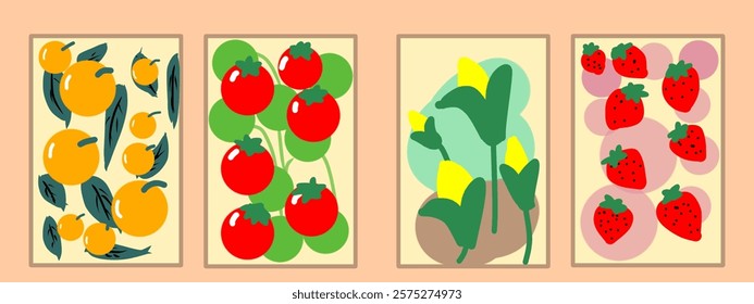fruit abstract wall art set. Abstract hand drawing of orange, tomato, corn, strawberry, for wallpaper, poster, packaging, or wall art