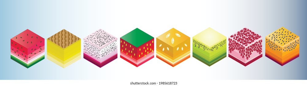 Fruit abstraction cube 3d. Exotic fruits art. Vector illustration.