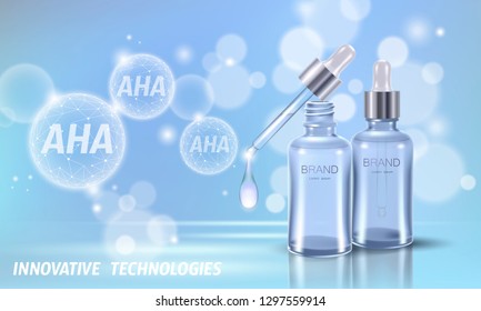 Fruit acid beauty salon peeling. Glass bottle droplet pipette AHA glycolic lactic acids exfoliant anti-aging rejuvenation serum. Medical skin treatment low poly polygonal vector illustration