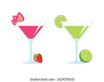 Fruit Alcoholic Cocktails Drinks vector. Lemon and Strawberry Daiquiri vector. Set of alcoholic cocktails isolated on a white background. Fruits fresh cocktail icon set. Summer drink vector