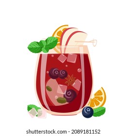 Fruit alcoholic drink with ice in a glass. Sangria is a traditional Spanish drink. Vector illustration isolated on a white background
