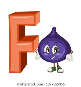 Fruit Alphabet. F is for Fig. Vector Illustration of a Happy Fig Character. Cute Cartoon Fig Isolated on a White Background. Happy Fruits Set