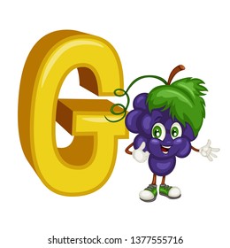 Fruit Alphabet. G is for Grapes. Vector Illustration of a Happy Grapes Character. Cute Cartoon Grapes Isolated on a White Background. Happy Fruits Set