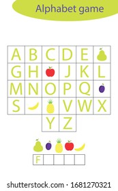 Juego de alfabeto frutal para niños, haz una palabra, trabajo preescolar para niños, juego de desguace de ortografía educativa para el desarrollo de niños, ilustración vectorial