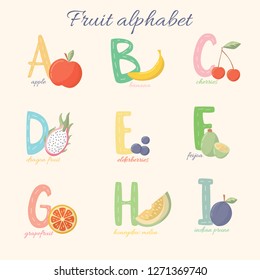 Fruit alphabet from A to I. Vector fruit alphabet. Colorful alphabet for children. Apple, banana, cherries, dragon fruit, elderberries, feijoa, grapefruit, honeydew melon, indian prune
