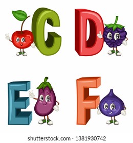 Fruit Alphabet. Letters C D E F. Vector Illustration of a Happy Cherry, Dewberry, Eggplant, Fig Characters. Cute Cartoon Characters Isolated on a White Background. Happy Fruits Set