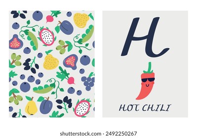 fruit alphabet letters. Cute letter H with hot chili. English alphabet for kids. fruit cartoon character. A double-sided card with a fruit pattern on the reverse side Educational flat style vector.