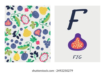 fruit alphabet letters. Cute letter F with fig. English alphabet for kids. fruit cartoon character. A double-sided card with a fruit pattern on the reverse side Educational flat vector illustration.