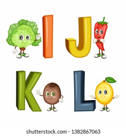 Fruit Alphabet. Letters I J K L . Vector Illustration of a Happy Fruits and Veggies Characters. Cute Cartoon Ice Lettuce, Kiwi, Jalapeno, Lemon Isolated on a White Background. Happy Fruits Set