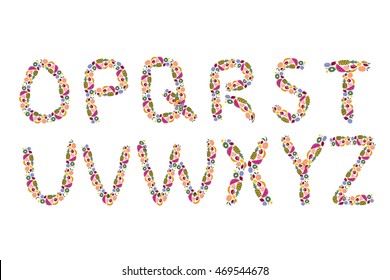 Fruit alphabet. Letters O-Z. Vector latin font with pineapple, apple, banana, kiwi, lemon and strawberry.