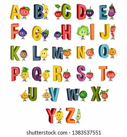 Fruit Alphabet. Letters from A to Z. Vector Illustration of a Happy Fruit Characters. Cute Cartoon Characters, Apple, Banana, Cherry, Kiwi, Lettuce, Mandarin, Tomato, Watermelon, Pear, Strawberry 