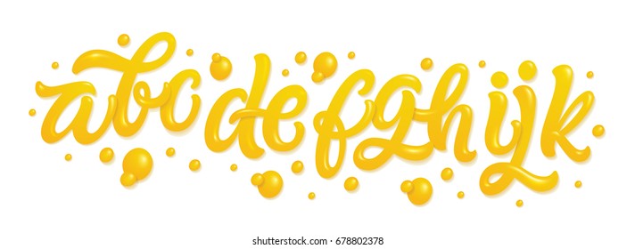 Fruit alphabet made of fresh natural orange juices isolated on white background. 