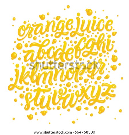 Fruit alphabet made of fresh natural orange juices isolated on white background. Vector illustration.