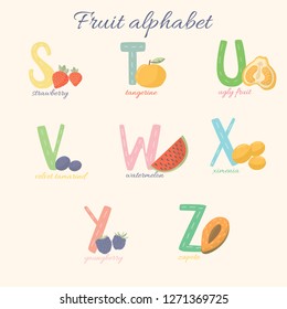 Fruit alphabet from S to Z. Vector fruit alphabet. Colorful alphabet for children. Strawberry, tangerine, ugly fruit, velvet tamarind, watermelon, ximenia, youngberry, zapote