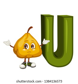 Fruit Alphabet. U is for Ugli Fruit. Vector Illustration of a Happy Ugli Fruit Character. Cute Cartoon Ugli Fruit Isolated on a White Background. Happy Fruits Set