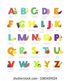 Fruit alphabet vector alphabetical vegetables font and fruity apple banana letter illustration alphabetically set of abc text with watermelon tomato and strawberry isolated on white background