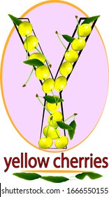 fruit alphabet, yellow cherry with leaves and twigs, in the form of letter Y