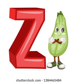 Fruit Alphabet. Z is for Zucchini. Vector Illustration of a Happy Zucchini Character. Cute Cartoon Zucchini Isolated on a White Background. Happy Fruits Set