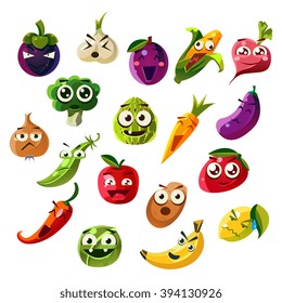 Fruit Ands Vegetable Emoji Set  Of Flat Vector Icons In Cartoon Style Isolated On White Background