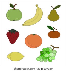 fruit apple banana pear lemon grape tangerine orange white background