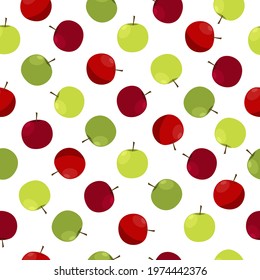 Fruit apple bright summer seamless pattern with the image of ripe red and green apples and leaves. Vector illustration on a white background