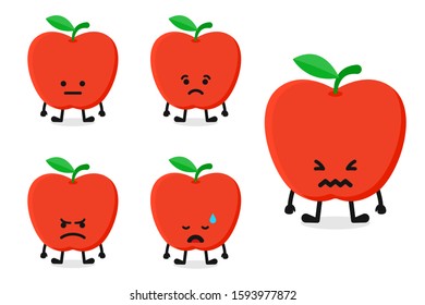 Fruit apple character vector illustration set for sad expression. Isolated from the the white background.