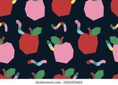 FRUIT APPLE AND DOODLE WORM BUG SEAMLESS PATTERN VECTOR
